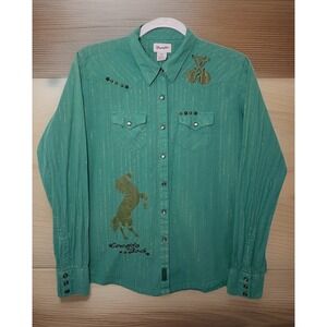 Wrangler Womens Turquiose Green Western Horse Pearl Snap Shirt Size XL